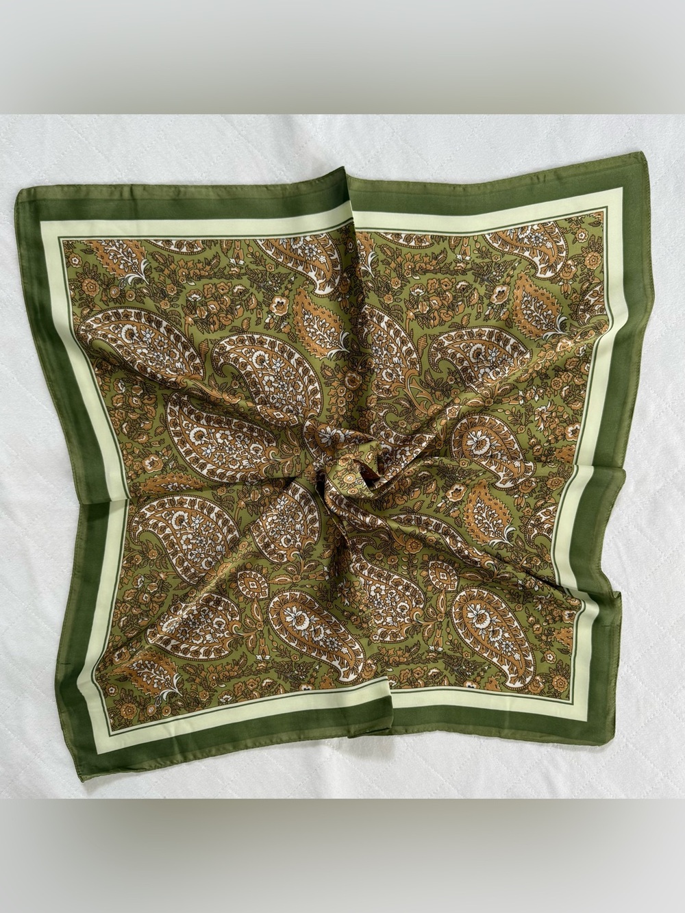 Boho Chic Silk-Feel Olive Green Paisley Scarf Brand New